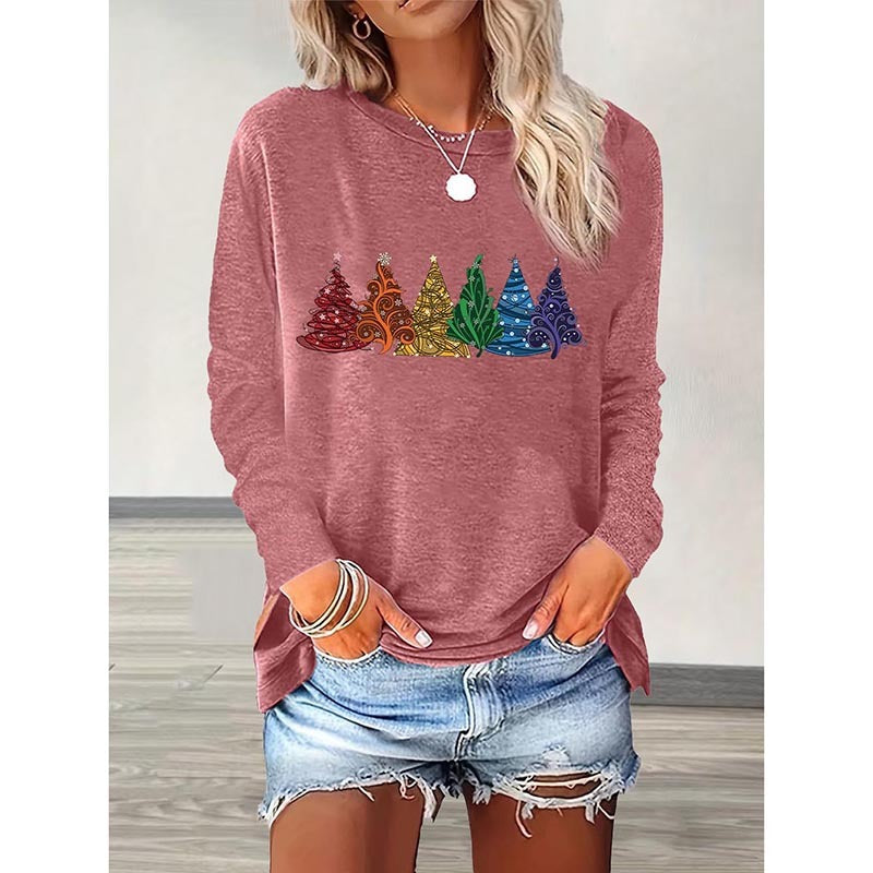 Christmas Shirts For Women, Cute Christmas Tree Graphic Long Sleeve T-Shirt, Funny Holiday Xmas Top For Party, Family Matching PJ Outfit