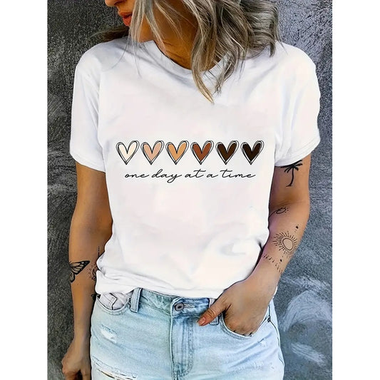 Women Funny Letter Print Love Heart Graphic Tees Casual Short Sleeve Shirts Top